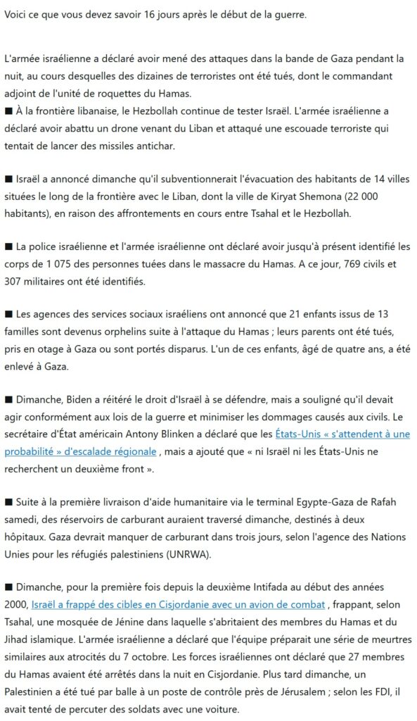 Résumé des informations de la guerre au Proche-Orient par le journal HAARETZ