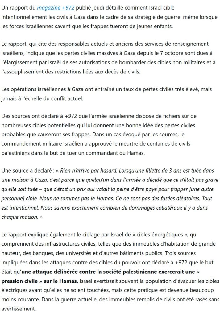 Israël ciblerait intentionnellement les civils à Gaza