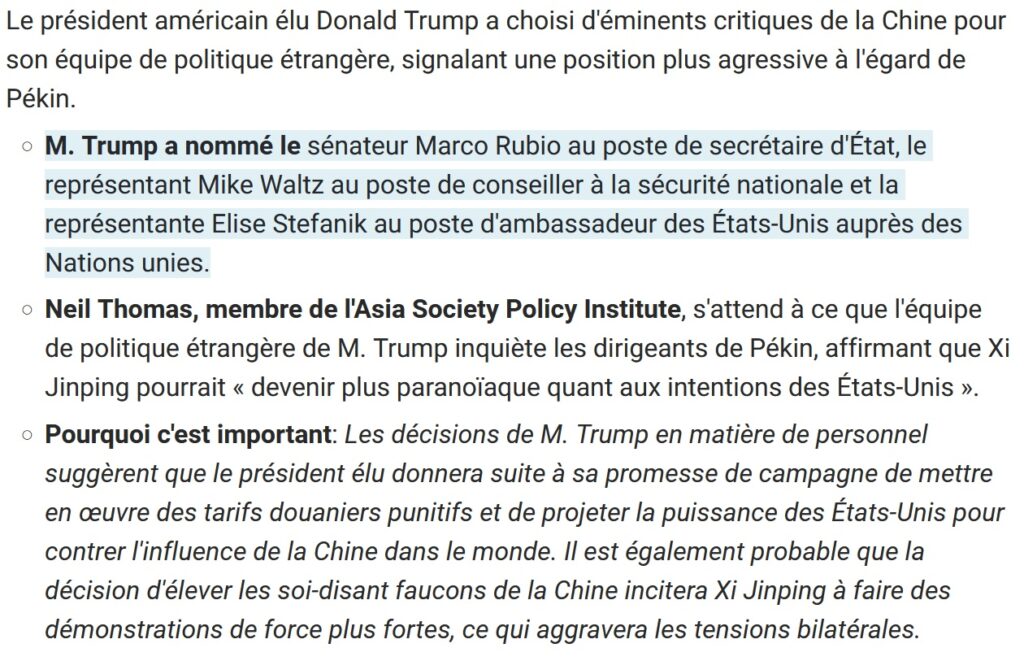La  configuration d’une tension avec la Chine pour une administration Trump 2.0 se confirme